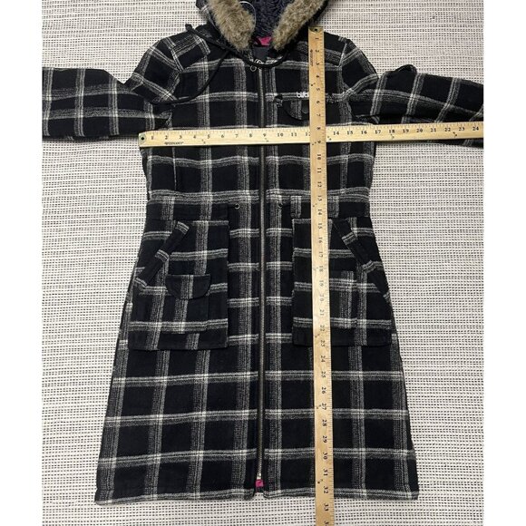 Billabong Coat Women's Black White Plaid Wool Blend Hooded Faux Fur Jacket Small - Picture 11 of 11